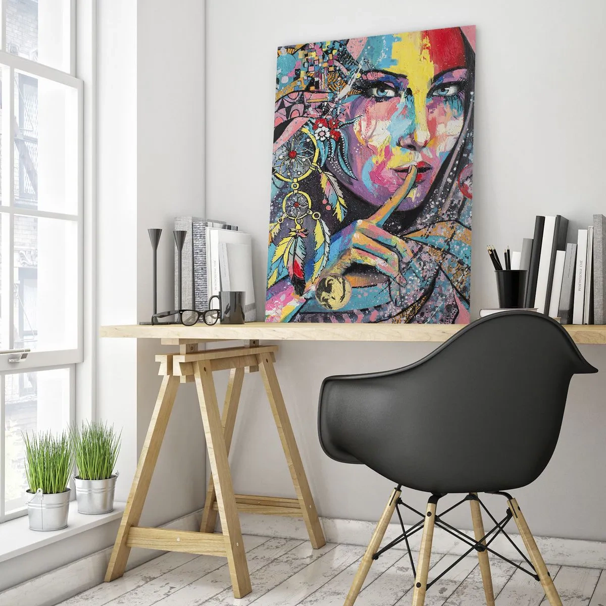 Impression sur verre - Image sur verre - Visage féminin coloré dans un style artistique - 80x120cm - Taisez-vous jusqu'à ce que vous compreniez - Décoration murale moderne pour le salon et la chambre ARTTOR