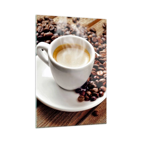 Impression sur verre - Image sur verre - Une tasse de café entourée de grains sur une table en bois - 50x70cm - Café sur un banc - Décoration murale moderne pour le salon et la chambre ARTTOR