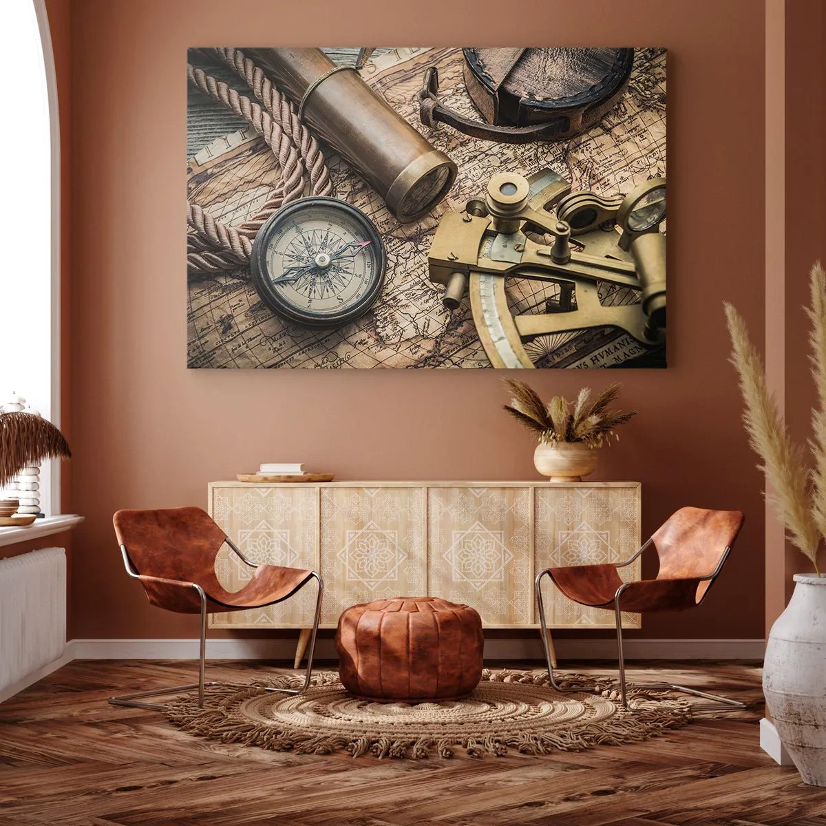 Impression sur toile - Image sur toile - Une boussole, un sextant et un télescope sur fond de vieille carte et de corde nautique. - 120x80cm - Fixer un cap - Décoration murale moderne pour le salon et la chambre ARTTOR
