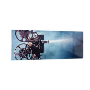 Impression sur verre - Image sur verre - Un vieux projecteur de cinéma projetant de la lumière sur un fond bleu - 140x50cm - Dans un vieux cinéma - Décoration murale moderne pour le salon et la chambre ARTTOR