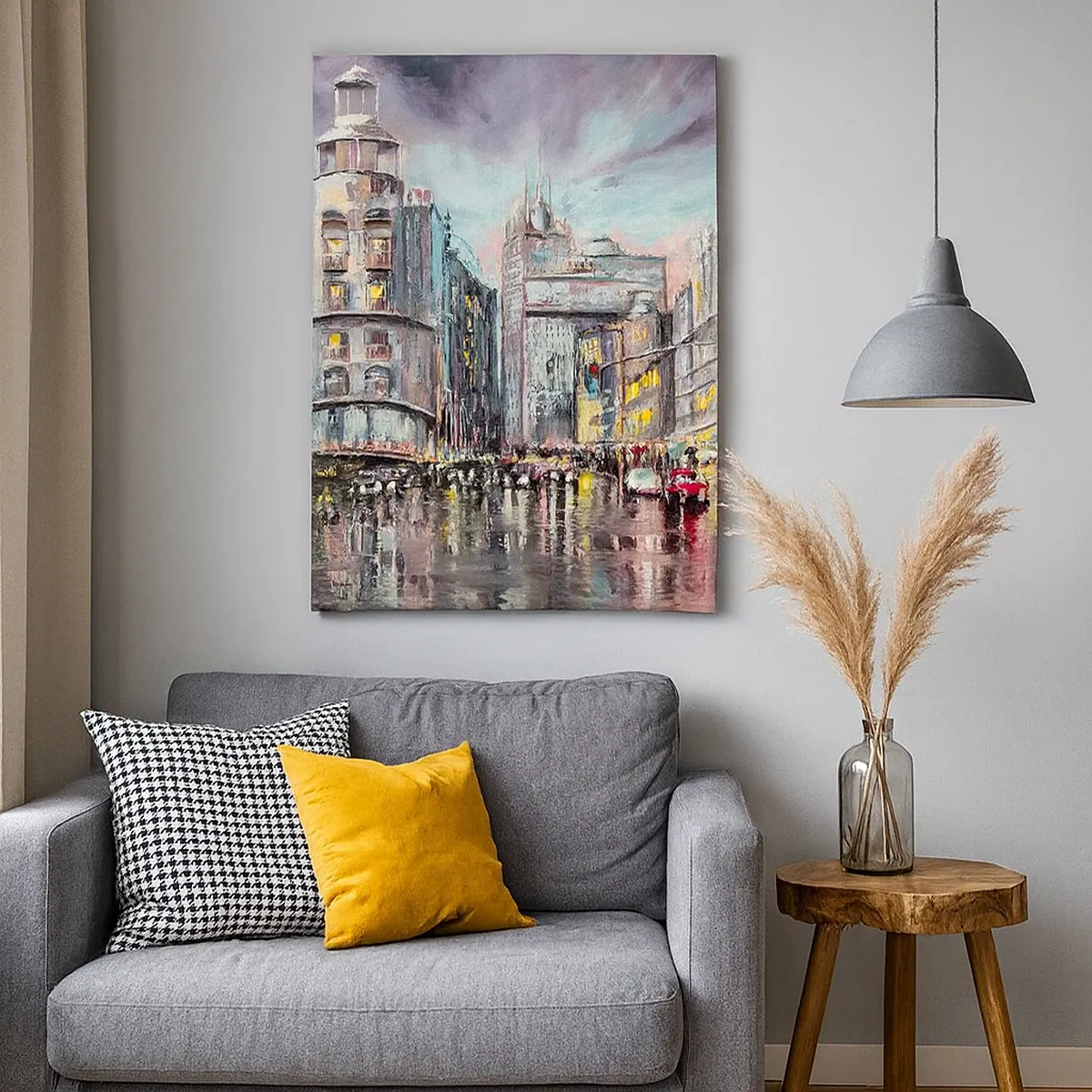 Impression sur toile - Image sur toile - Vue nocturne de la ville avec des reflets sur la rue mouillée - 50x70cm - Ce sera une soirée réussie - Décoration murale moderne pour le salon et la chambre ARTTOR