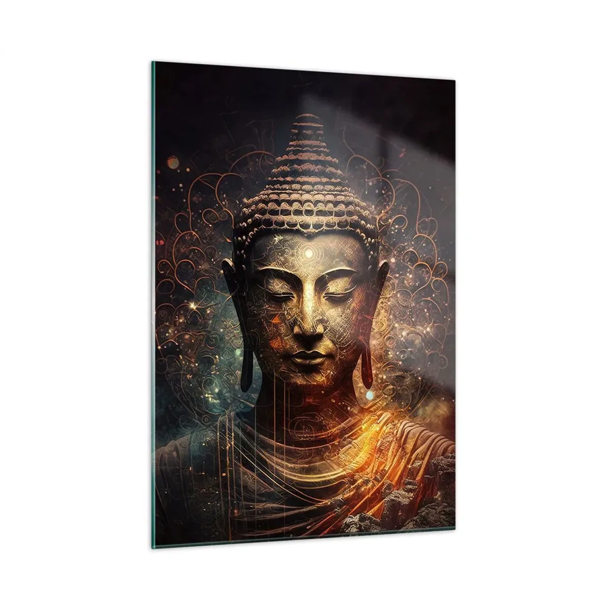 Impression sur verre - Image sur verre - Une figure dorée de Bouddha sur un fond sombre avec des ornements - 50x70cm - Équilibre spirituel - Décoration murale moderne pour le salon et la chambre ARTTOR