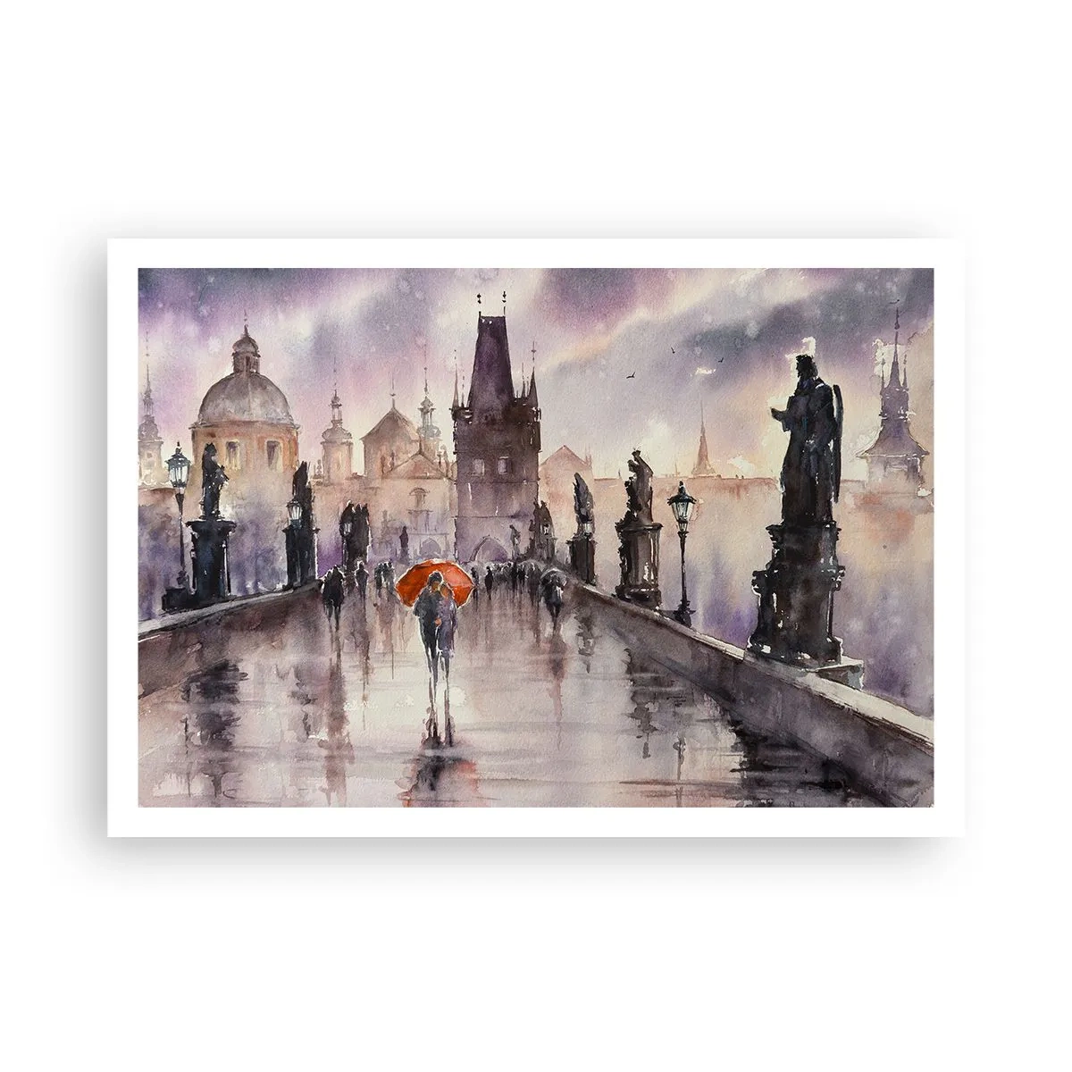 Affiche - Poster - Vue romantique d'un pont avec un parapluie sur fond de ville en soirée - 100x70cm - Les gens ne changent pas - Décoration murale moderne pour le salon et la chambre ARTTOR