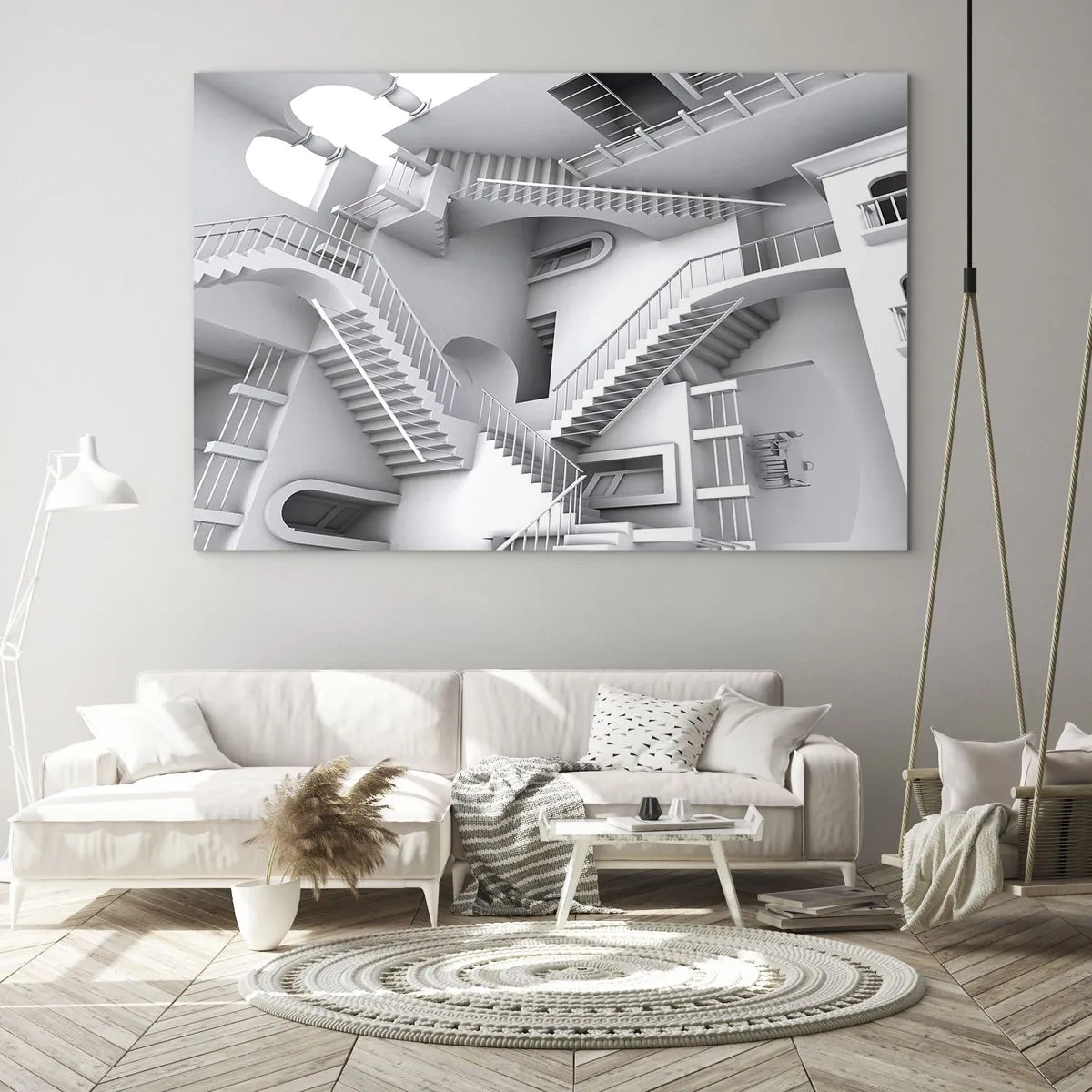 Impression sur verre - Image sur verre - Un labyrinthe d'escaliers dans un espace surréaliste - 70x50cm - Paradoxes spatiaux - Décoration murale moderne pour le salon et la chambre ARTTOR