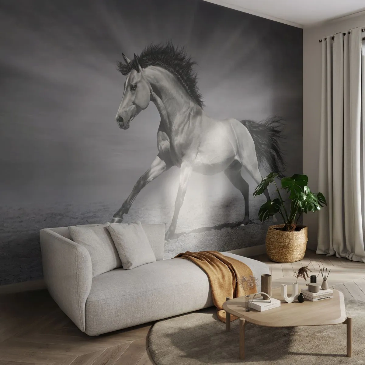 Papier Peint Photo Premium Sand - Un cheval noir et blanc courant sur un fond de désert - 100x70cm - Né pour séduire - Décoration murale moderne pour le salon et la chambre ARTTOR