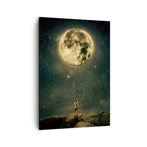 Impression sur toile - Image sur toile - L'homme avec la lune contre le ciel étoilé - 50x70cm - Celui qui a volé la lune - Décoration murale moderne pour le salon et la chambre ARTTOR