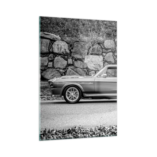 Impression sur verre - Image sur verre - Une voiture classique contre un mur de pierre - 50x70cm - Légende des années 60 - Décoration murale moderne pour le salon et la chambre ARTTOR