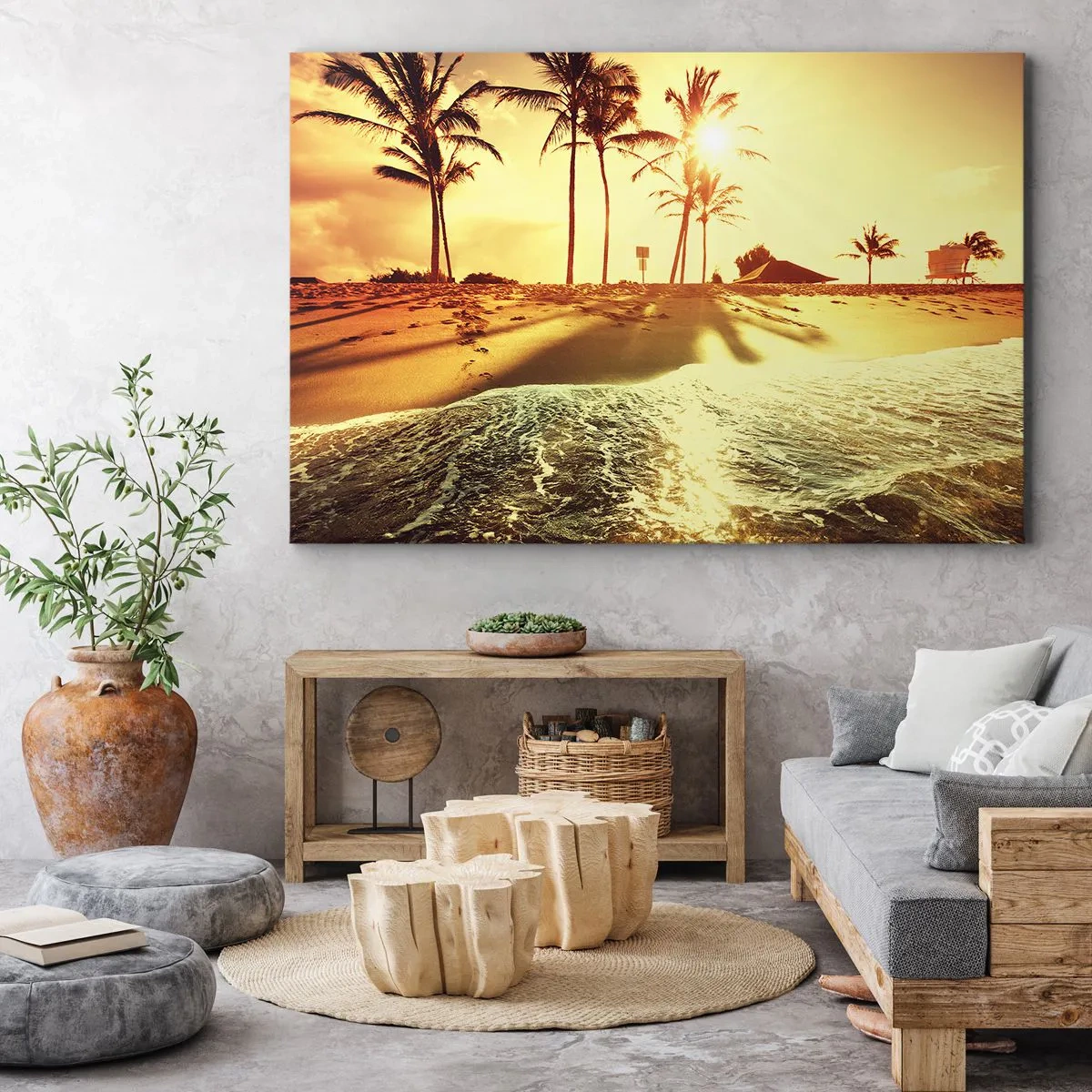 Impression sur toile - Image sur toile - Une plage avec des palmiers illuminée par un coucher de soleil chaud - 70x50cm - Après-midi californien - Décoration murale moderne pour le salon et la chambre ARTTOR
