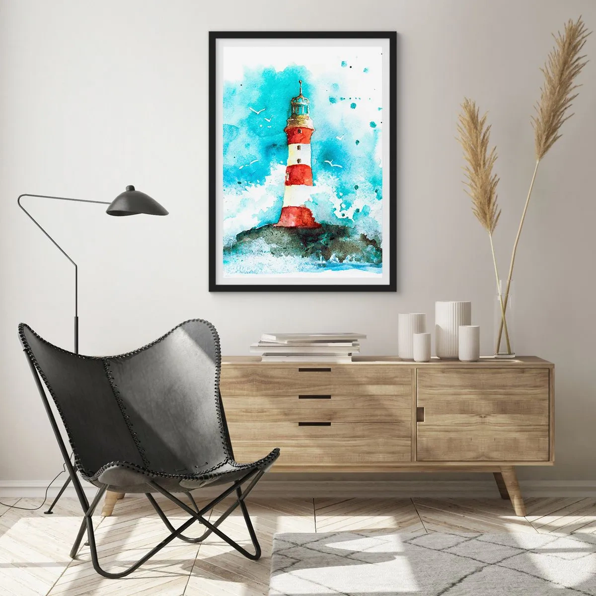 Affiche dans un cadre noir - Poster - Phare de style aquarelle avec des vagues de la mer - 50x70cm - Unité des éléments - Décoration murale moderne pour le salon et la chambre ARTTOR
