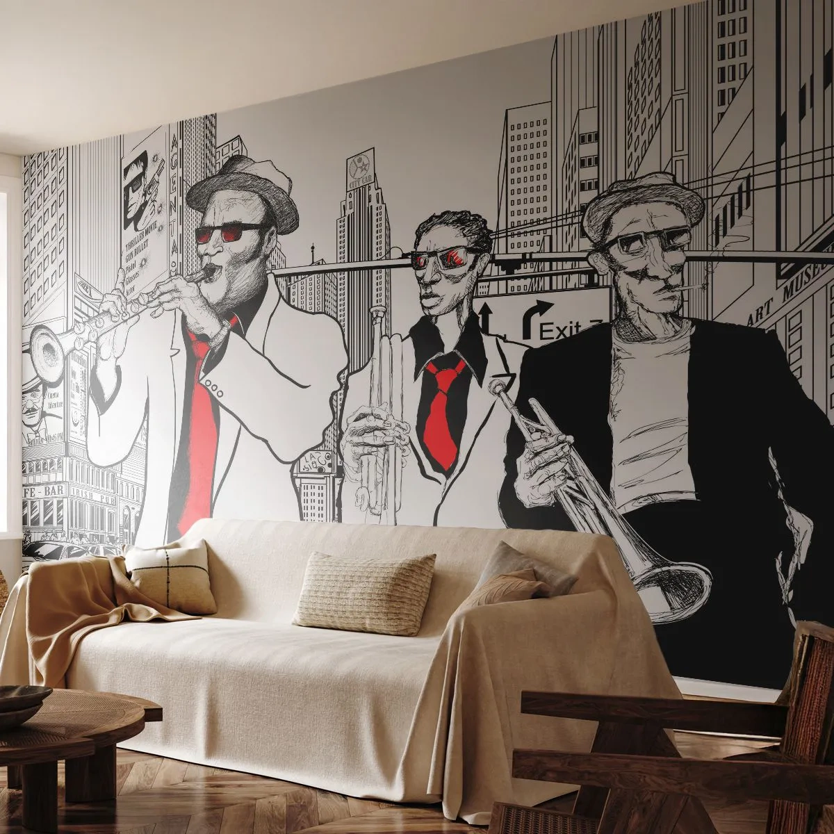 Papier Peint Autocollant Deluxe Sticker - Rhapsodie urbaine en noir et rouge - New York, le jazz, Musique - 500x350 cm