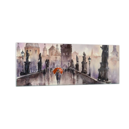 Impression sur verre - Image sur verre - Vue romantique d'un pont avec un parapluie sur fond de ville en soirée - 140x50cm - Les gens ne changent pas - Décoration murale moderne pour le salon et la chambre ARTTOR