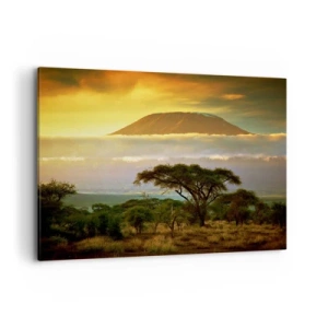 Impression sur toile - Image sur toile - Paysage africain avec le Kilimandjaro au lever du soleil - 100x70cm - Un rêve de voyageur - Décoration murale moderne pour le salon et la chambre ARTTOR