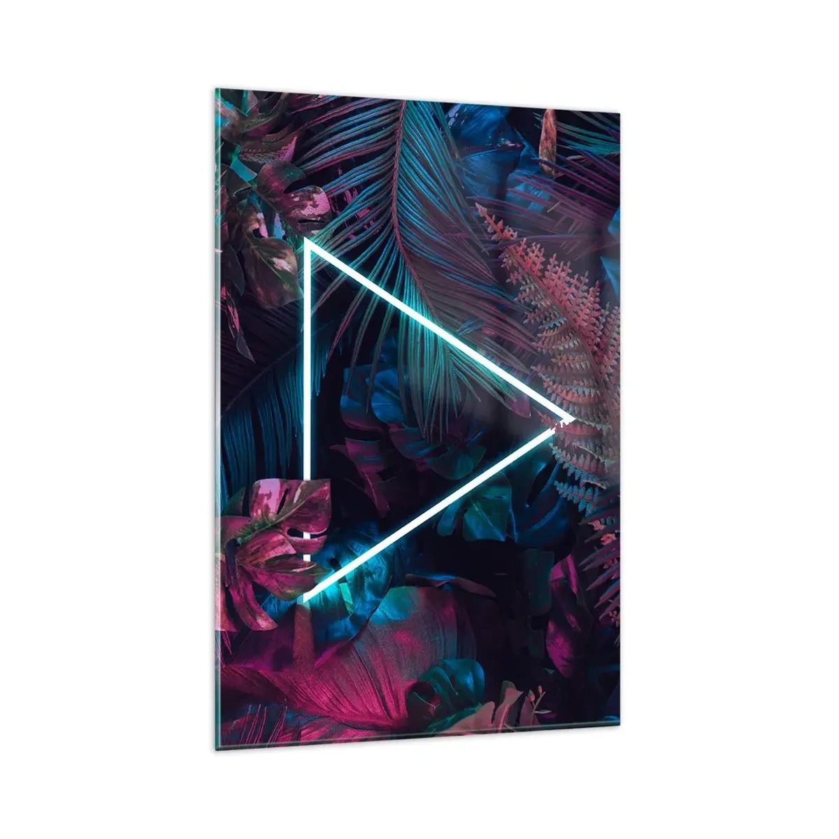 Impression sur verre - Image sur verre - Un triangle néon entouré de feuilles tropicales aux couleurs sombres. - 80x120cm - Jardin de style disco - Décoration murale moderne pour le salon et la chambre ARTTOR