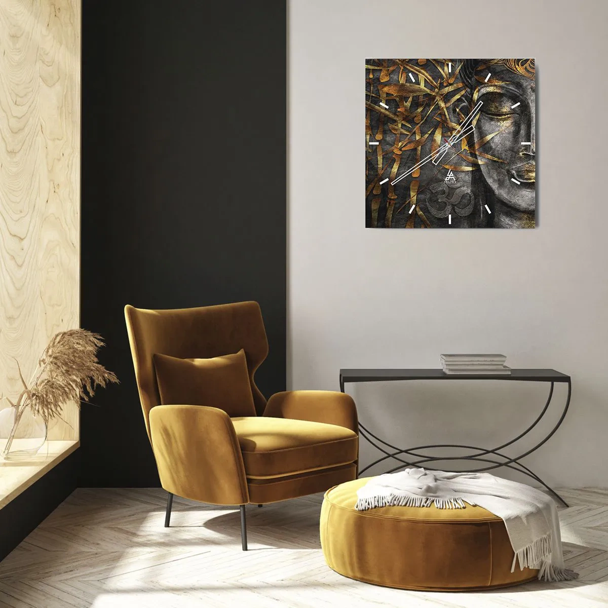 Horloge murale - Pendule murale - Image de Bouddha zen avec des bambous dorés - 30x30cm - Ressentir le calme - Décoration murale moderne pour le salon et la chambre ARTTOR