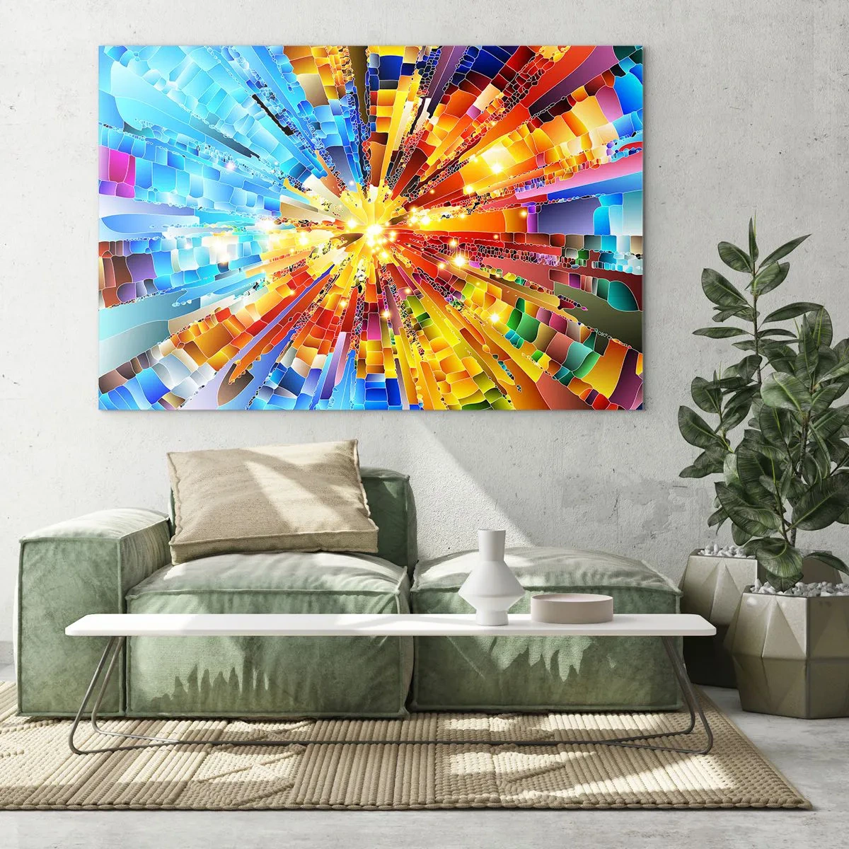Impression sur verre - Image sur verre - Une explosion abstraite de couleurs dans une composition géométrique dynamique. - 70x50cm - In medias res - Décoration murale moderne pour le salon et la chambre ARTTOR