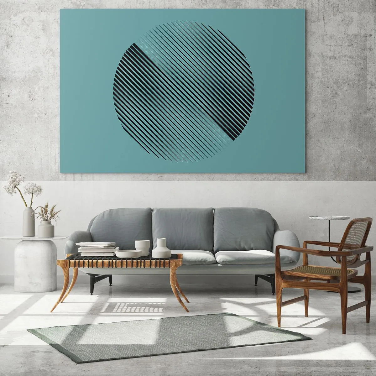 Impression sur verre - Image sur verre - Lignes noires formant un cercle sur fond turquoise - 120x80cm - Cercle – une variation géométrique - Décoration murale moderne pour le salon et la chambre ARTTOR