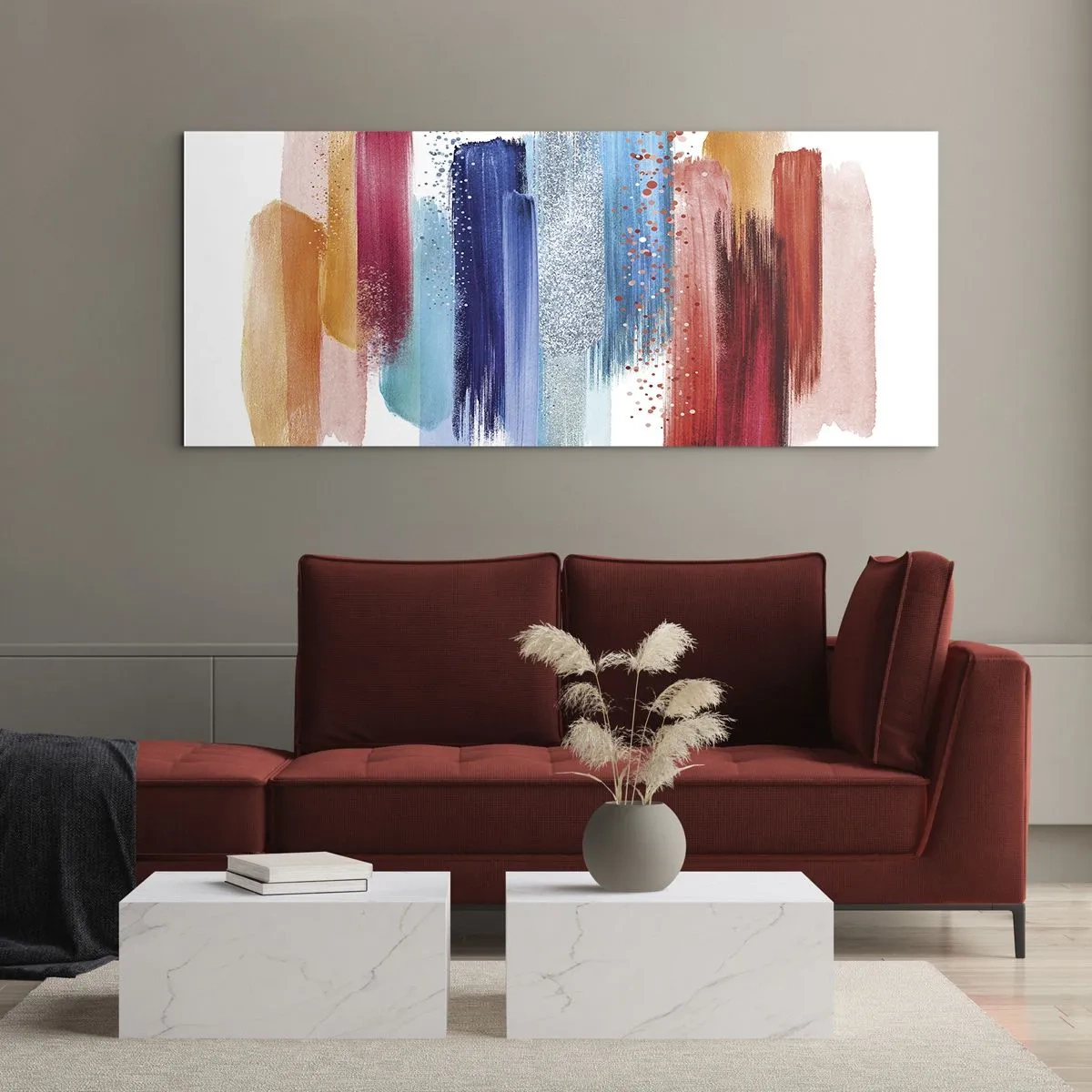Impression sur verre - Image sur verre - Coups de pinceau colorés sur fond blanc - 120x50cm - En haut et en bas - Décoration murale moderne pour le salon et la chambre ARTTOR