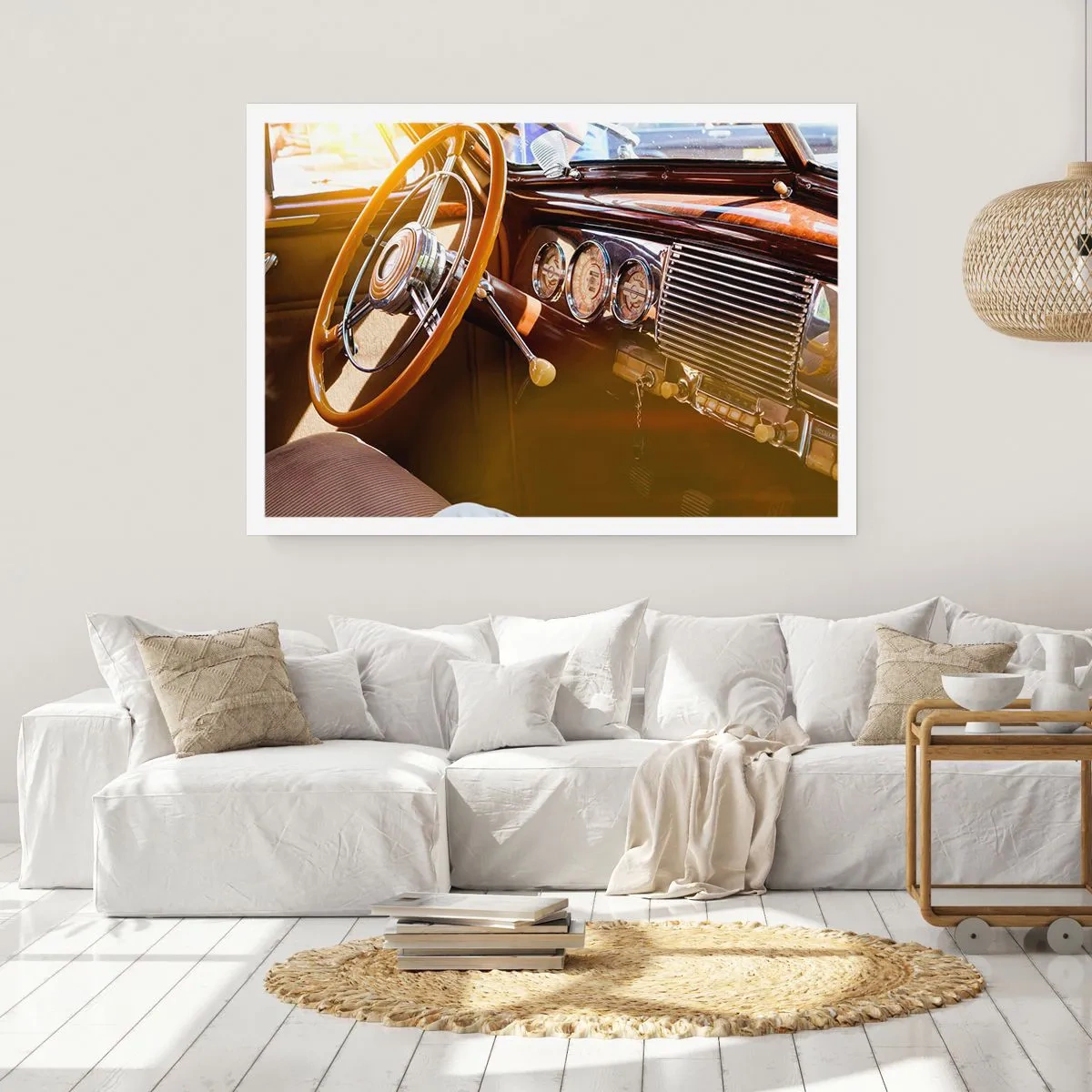 Affiche - Poster - Gros plan de l'intérieur d'une voiture classique avec des détails en bois et en chrome. - 100x70cm - Souffle de luxe venu du passé - Décoration murale moderne pour le salon et la chambre ARTTOR