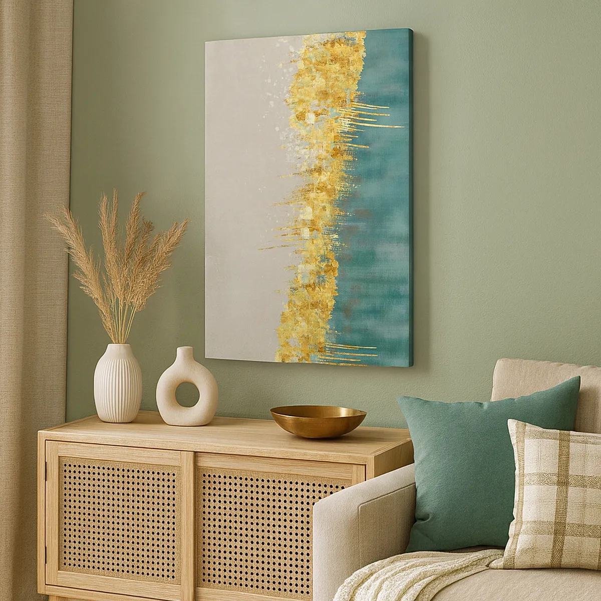 Impression sur toile - Image sur toile - Des accents dorés sur un fond vert-beige - 50x70cm - La frontière dorée - Décoration murale moderne pour le salon et la chambre ARTTOR