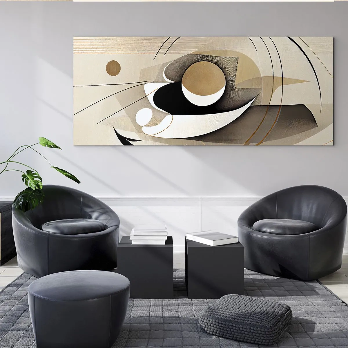 Impression sur verre - Image sur verre - Composition abstraite dans les tons beige et noir - 160x50cm - Composition : l'essence des choses - Décoration murale moderne pour le salon et la chambre ARTTOR