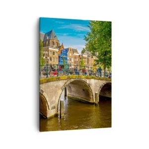 Impression sur toile - Image sur toile - Un canal pittoresque avec un pont à Amsterdam - 50x70cm - Le printemps sur le canal - Décoration murale moderne pour le salon et la chambre ARTTOR