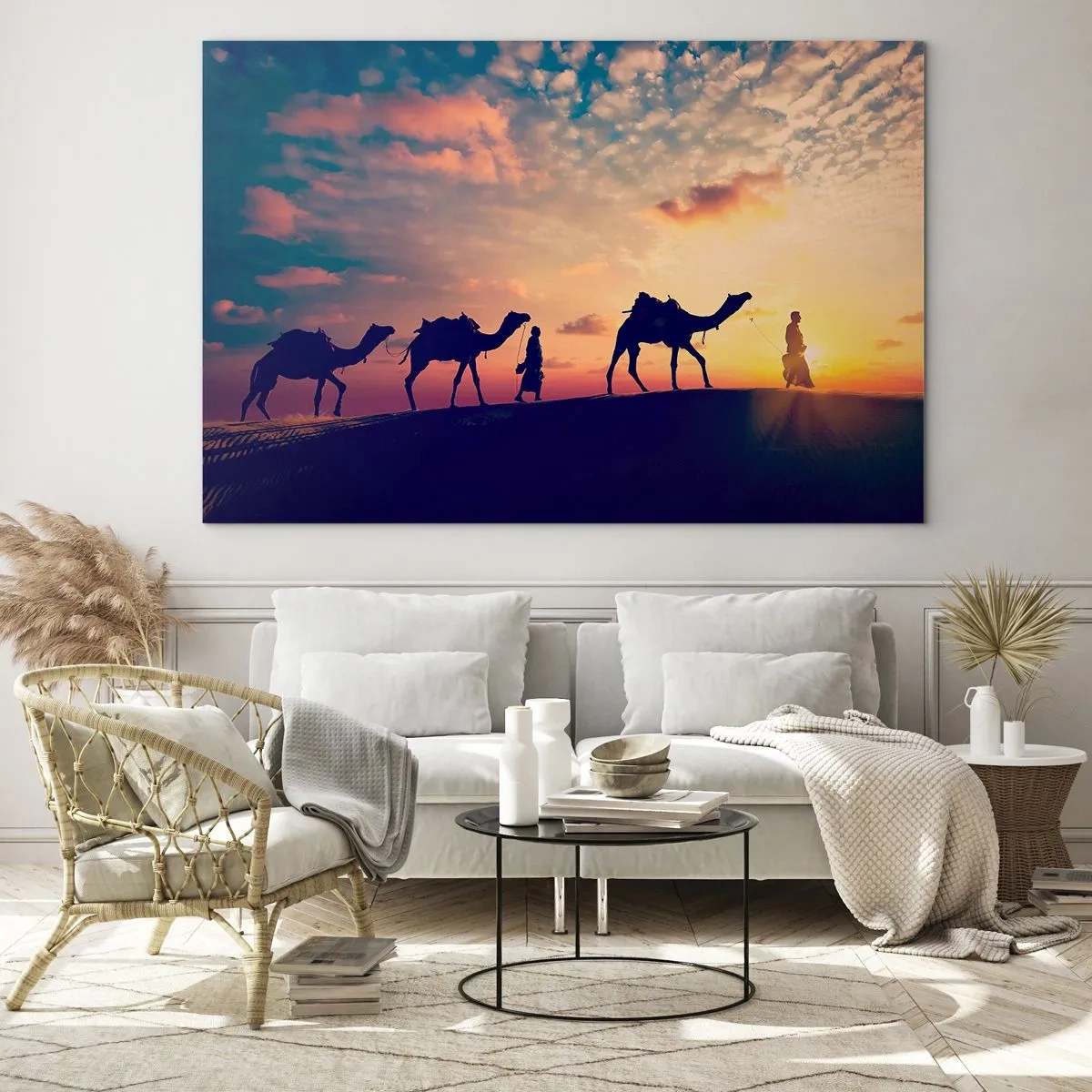 Impression sur verre - Image sur verre - Caravane de chameaux dans le désert au coucher du soleil - 70x50cm - L'esprit mystérieux de l'Orient - Décoration murale moderne pour le salon et la chambre ARTTOR