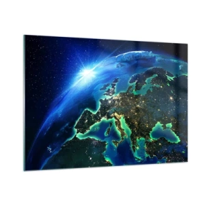 Impression sur verre - Image sur verre - Vue de la Terre depuis l'espace avec Europe illuminée la nuit - 100x70cm - Europe pétillante - Décoration murale moderne pour le salon et la chambre ARTTOR