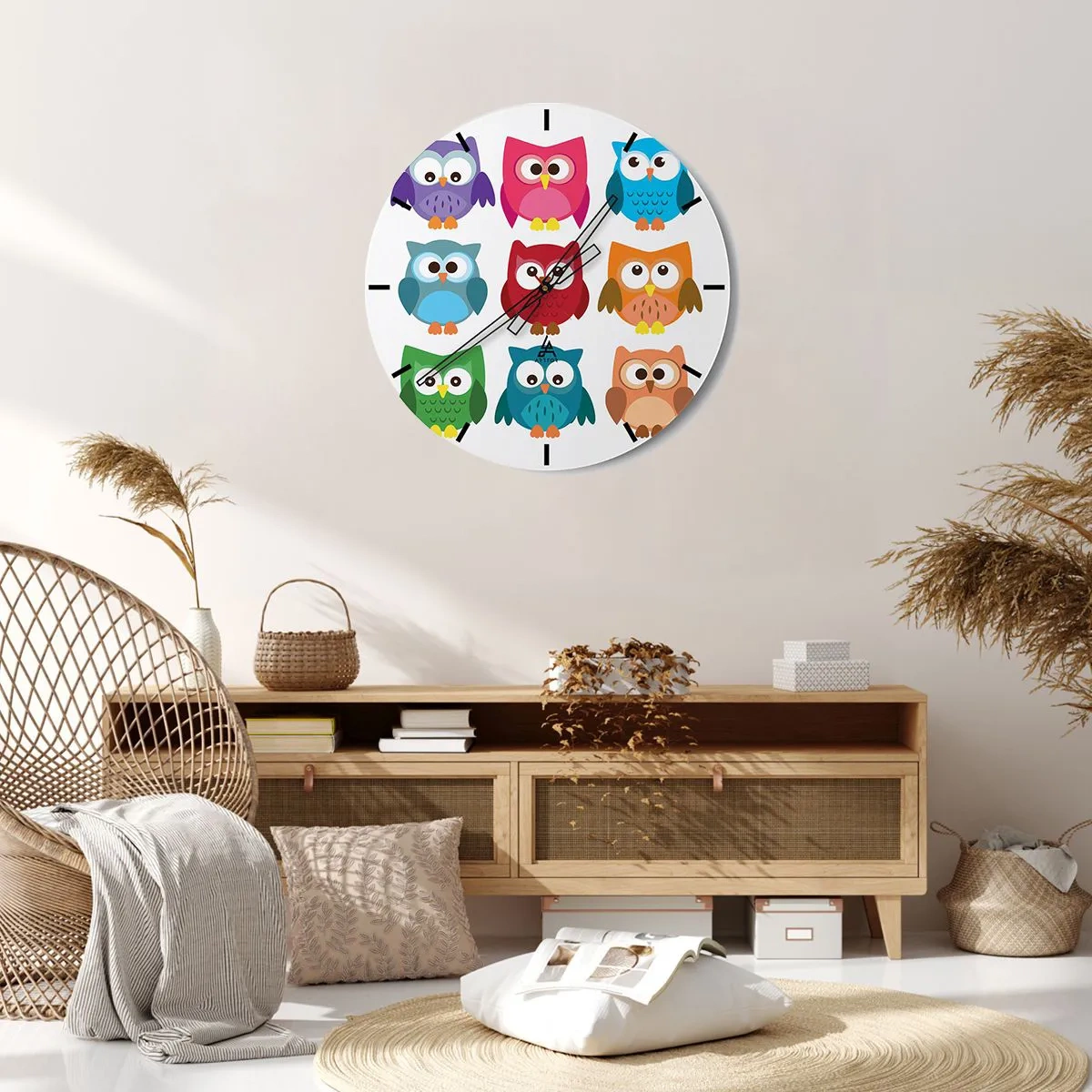Horloge murale - Pendule murale - Hiboux colorés sur fond blanc dans un style moderne - 30x30cm - C'est amusant d'être différent - Décoration murale moderne pour le salon, la cuisine et la chambre ARTTOR