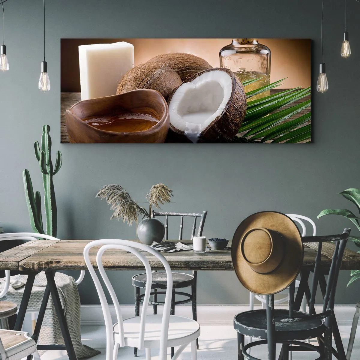 Impression sur toile - Image sur toile - Noix de coco, bougie et huile sur fond de bois - 160x50cm - Santé des îles tropicales - Décoration murale moderne pour le salon et la chambre ARTTOR