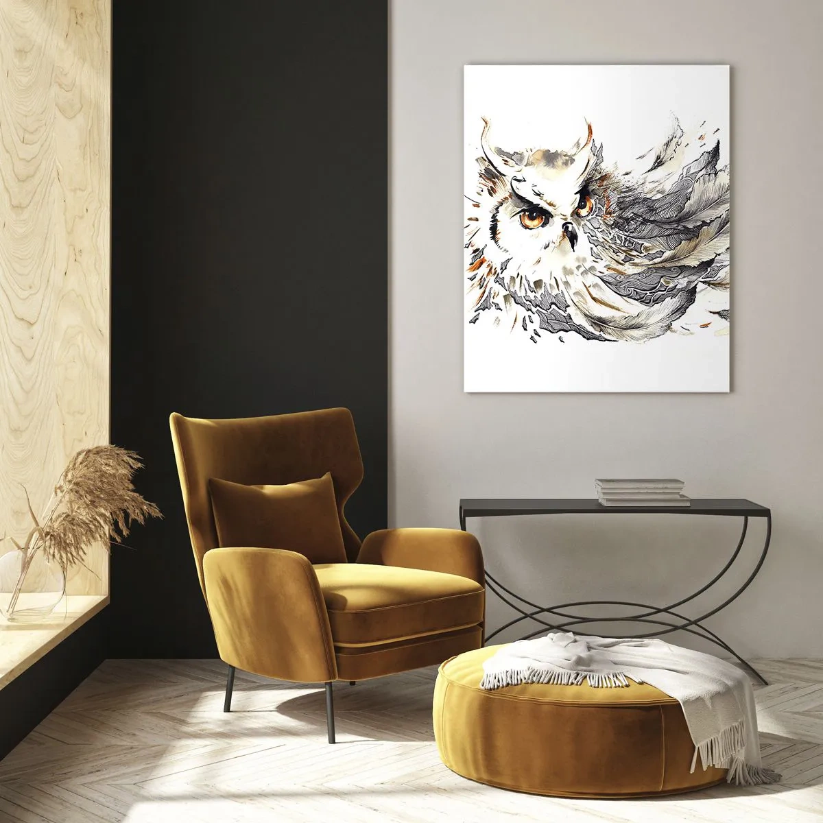 Impression sur verre - Image sur verre - Un hibou aux plumes artistiques dans les tons orange et gris. - 50x70cm - Elle vient du monde de la magie - Décoration murale moderne pour le salon et la chambre ARTTOR