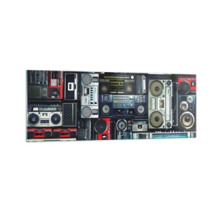 Impression sur verre - Image sur verre - Un collage de magnétophones rétro et d'enceintes vintage. - 140x50cm - Nostalgie des années 80 - Décoration murale moderne pour le salon et la chambre ARTTOR