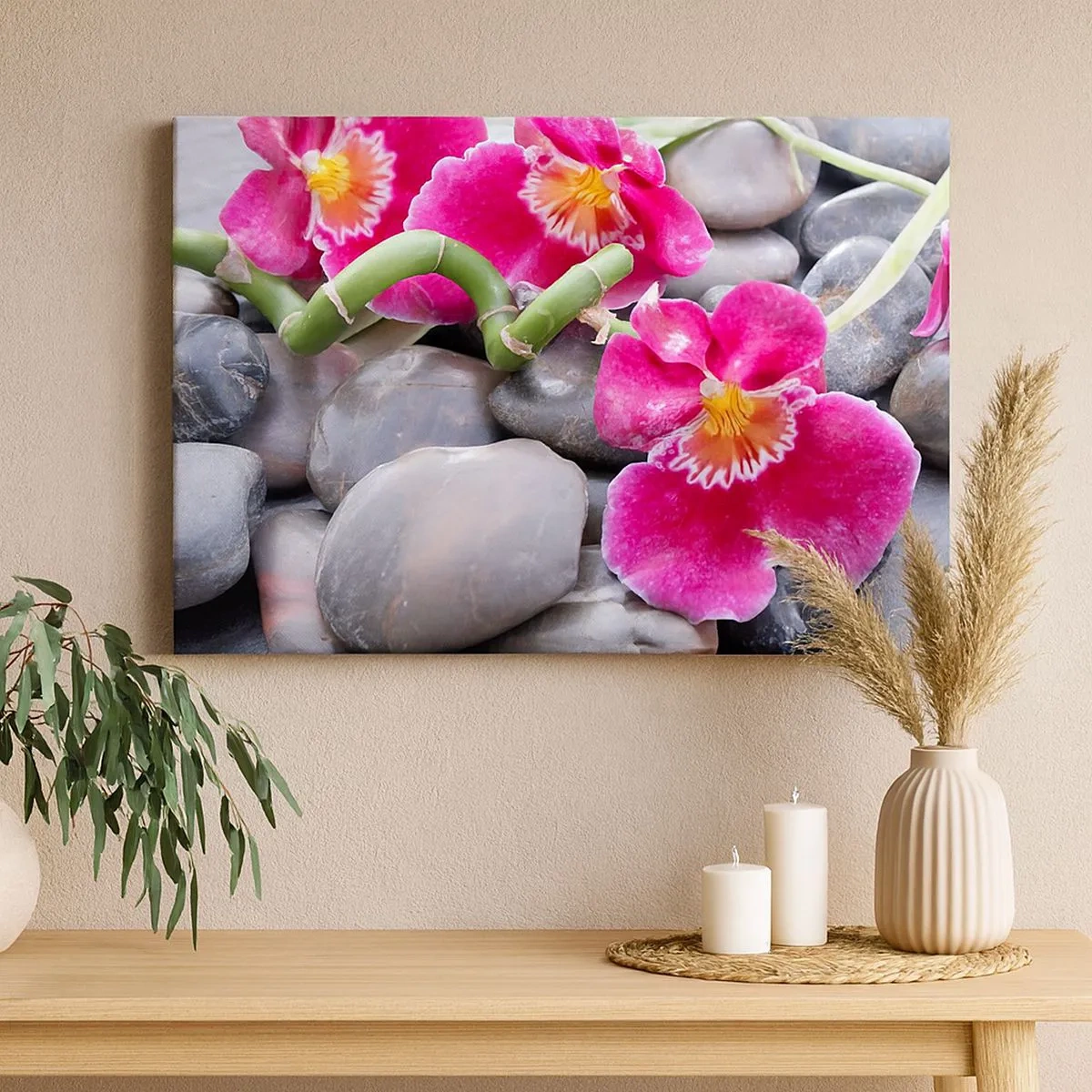 Impression sur toile - Image sur toile - Orchidées roses sur fond de pierres lisses - 70x50cm - Refroidir et chauffer - Décoration murale moderne pour le salon et la chambre ARTTOR