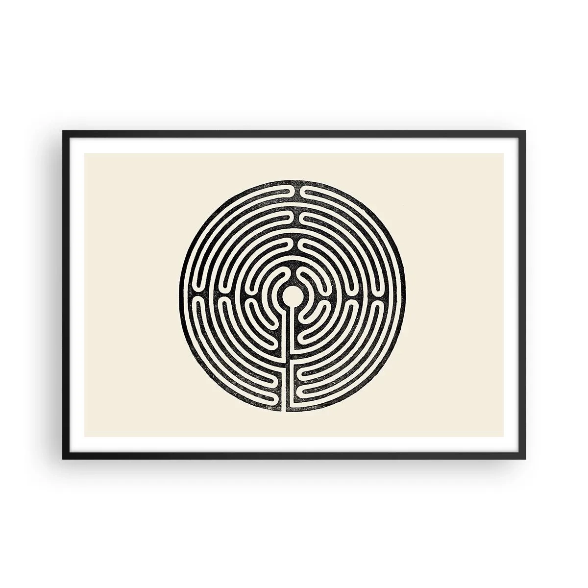 Affiche dans un cadre noir - Poster - Labyrinthe circulaire noir et blanc sur fond clair - 100x70cm - Ordre mystérieux - Décoration murale moderne pour le salon et la chambre ARTTOR