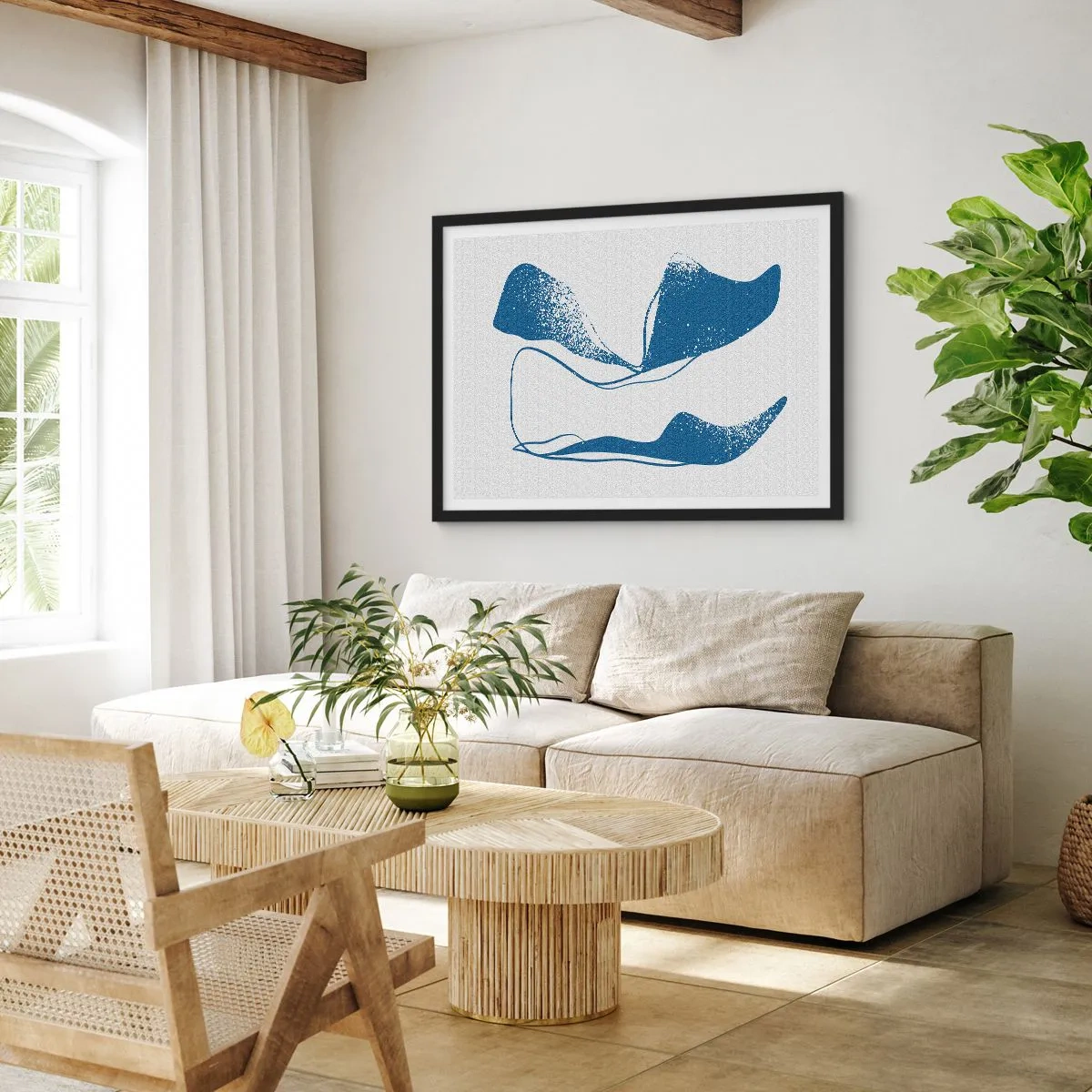 Affiche dans un cadre noir - Poster - Formes abstraites dans des tons bleus sur fond blanc - 70x50cm - Abstraction ailée - Décoration murale moderne pour le salon et la chambre ARTTOR