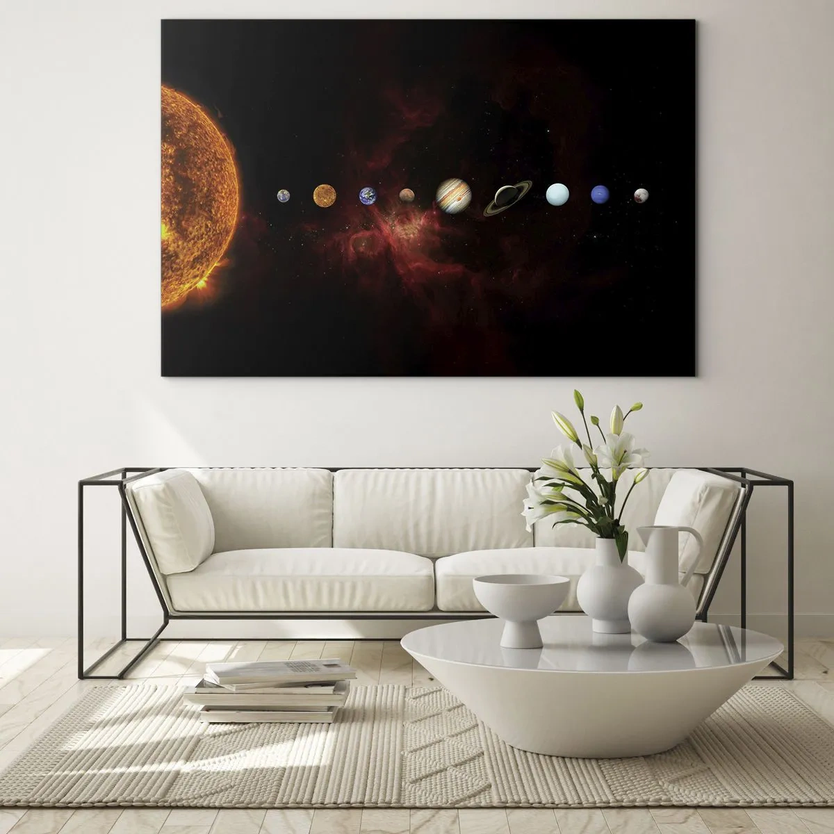 Impression sur verre - Image sur verre - Système planétaire avec le Soleil sur fond noir - 70x50cm - Notre quartier - Décoration murale moderne pour le salon et la chambre ARTTOR