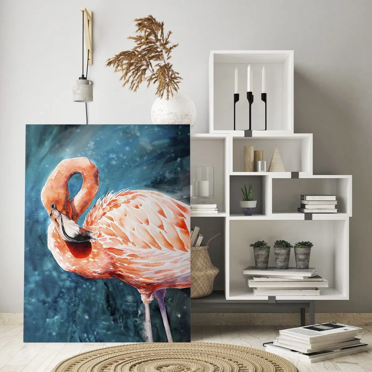 Impression sur verre - Image sur verre - Un flamant rose sur un fond bleu aquarelle - 80x120cm - Décoratif par nature - Décoration murale moderne pour le salon et la chambre ARTTOR