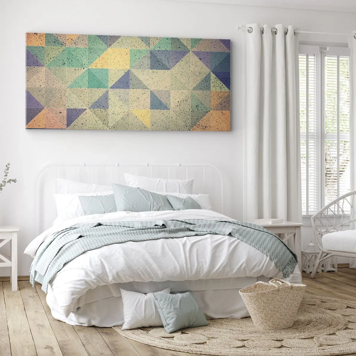 Impression sur toile - Image sur toile - Une composition colorée de triangles géométriques dans des tons pastel. - 120x50cm - République des triangles - Décoration murale moderne pour le salon et la chambre ARTTOR