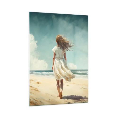 Impression sur verre - Image sur verre - Une femme en robe blanche marchant pieds nus sur une plage ensoleillée - 50x70cm - Pour rencontrer le soleil et le vent - Décoration murale moderne pour le salon et la chambre ARTTOR