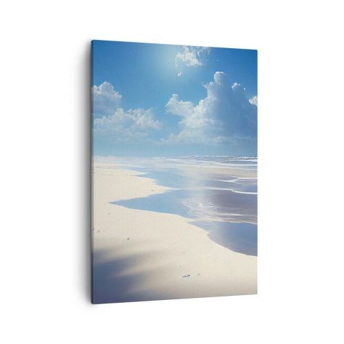 Impression sur toile - Image sur toile - Une plage de sable avec des vagues sous un ciel bleu - 50x70cm - Des vacances paradisiaques - Décoration murale moderne pour le salon et la chambre ARTTOR