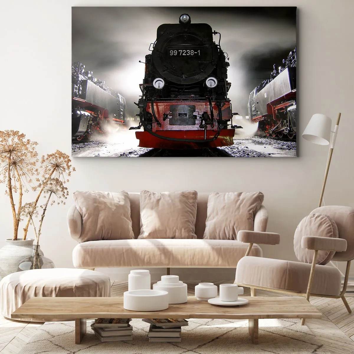 Impression sur toile - Image sur toile - Une locomotive à vapeur entourée de vapeur sur un ciel sombre dans un décor atmosphérique - 70x50cm - Il se lève et siffle, halète et souffle - Décoration murale moderne pour le salon et la chambre ARTTOR