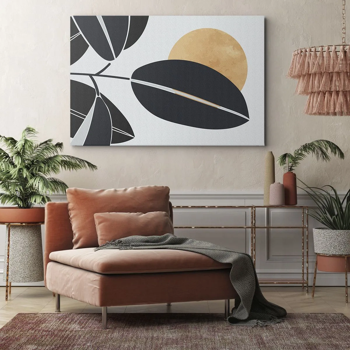 Impression sur toile - Image sur toile - Un motif de feuille minimaliste avec un soleil brillant en arrière-plan. - 70x50cm - Une chaude journée d'été - Décoration murale moderne pour le salon et la chambre ARTTOR