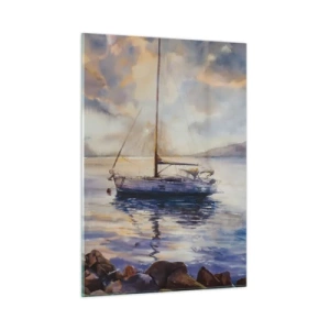 Impression sur verre - Image sur verre - Un yacht amarré dans une baie tranquille au crépuscule - 50x70cm - Soirée sur la baie - Décoration murale moderne pour le salon et la chambre ARTTOR