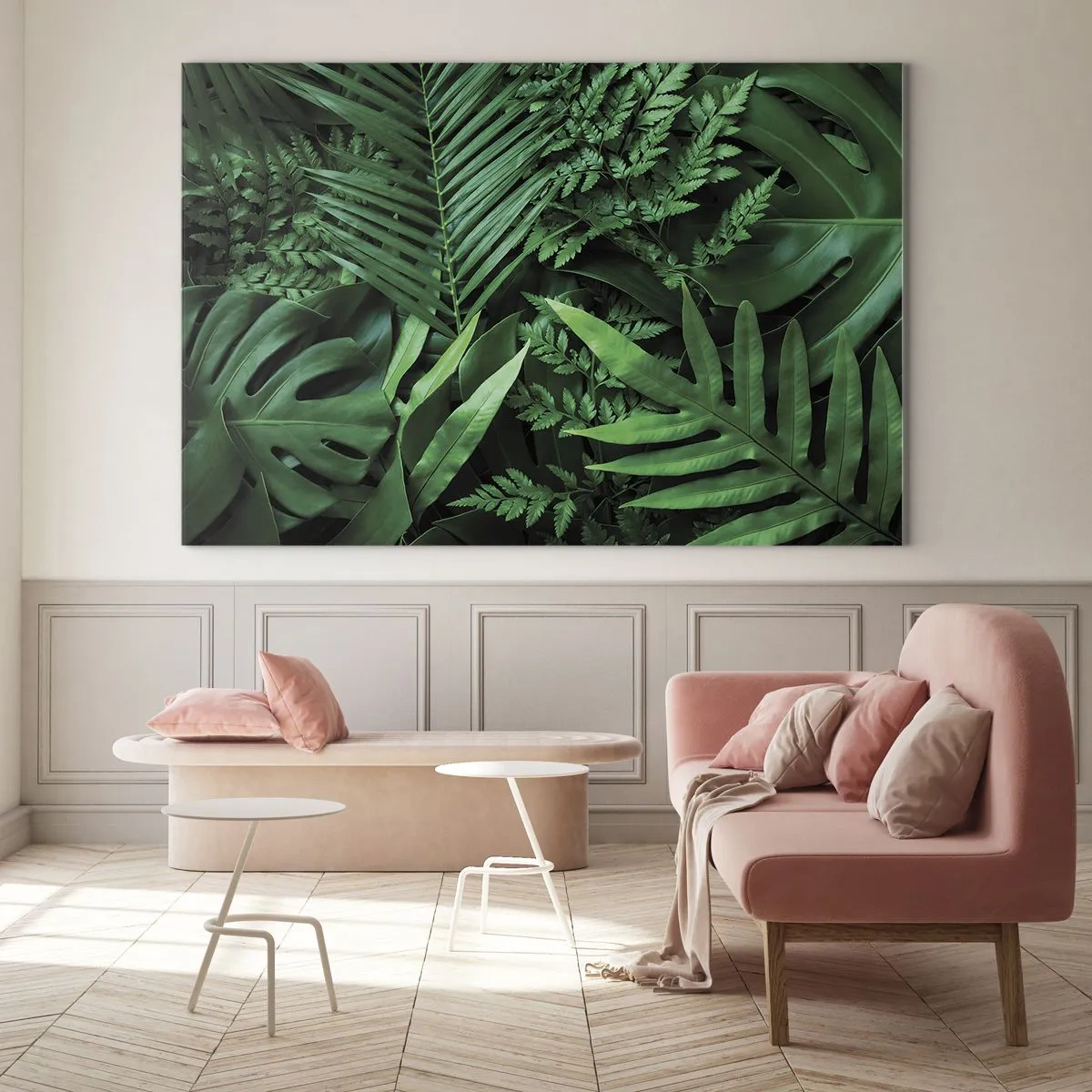 Impression sur verre - Image sur verre - Feuilles vertes denses de plantes tropicales dans la composition - 70x50cm - Emmitouflé de verdure - Décoration murale moderne pour le salon et la chambre ARTTOR