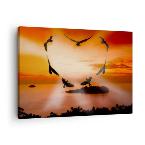 Impression sur toile - Image sur toile - Oiseaux formant un cœur sur fond de soleil couchant - 70x50cm - Aimer le monde comme les oiseaux - Décoration murale moderne pour le salon et la chambre ARTTOR