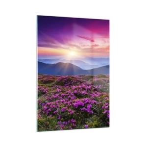 Impression sur verre - Image sur verre - Paysage de montagne avec landes au coucher du soleil - 50x70cm - Les herbes sentaient les grappes fraîches de la récolte - Décoration murale moderne pour le salon et la chambre ARTTOR