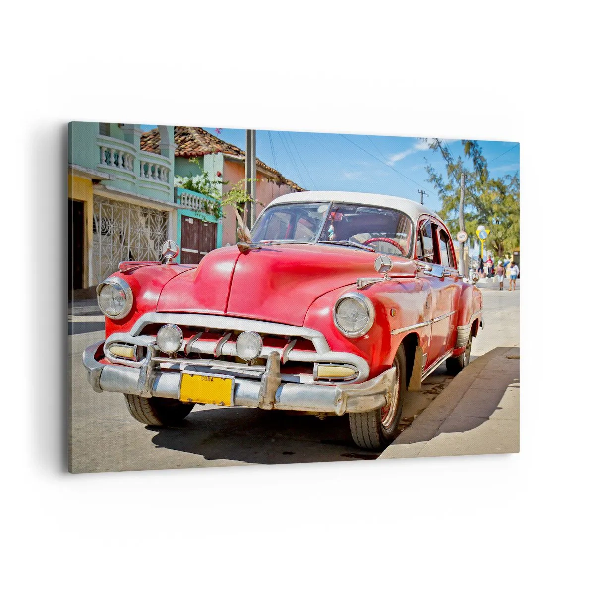 Impression sur toile - Image sur toile - Une voiture classique rouge garée dans la rue par une journée ensoleillée - 100x70cm - Seulement à Cuba - Décoration murale moderne pour le salon et la chambre ARTTOR