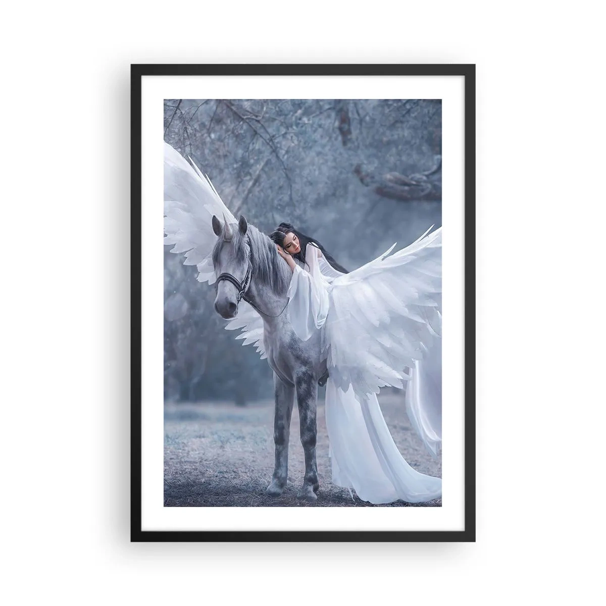 Affiche dans un cadre noir - Poster - Pégase aux ailes blanches et à la silhouette éthérée - 50x70cm - Un moment inspiré - Décoration murale moderne pour le salon et la chambre ARTTOR