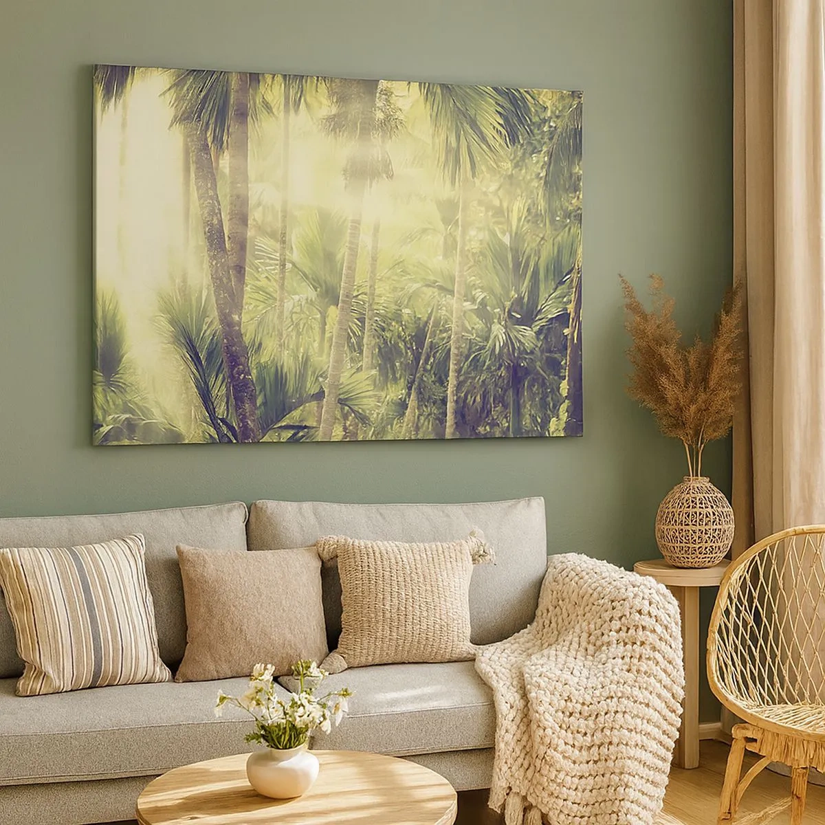 Impression sur toile - Image sur toile - Rayons de soleil dans une forêt tropicale de palmiers - 70x50cm - Nature enflammée - Décoration murale moderne pour le salon et la chambre ARTTOR