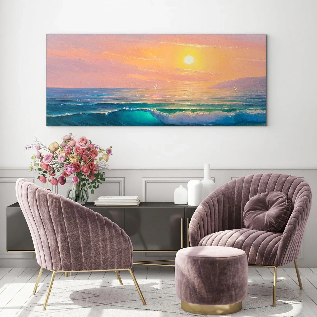 Impression sur verre - Image sur verre - Paysage marin avec coucher de soleil - 120x50cm - Le chant turquoise des vagues - Décoration murale moderne pour le salon et la chambre ARTTOR