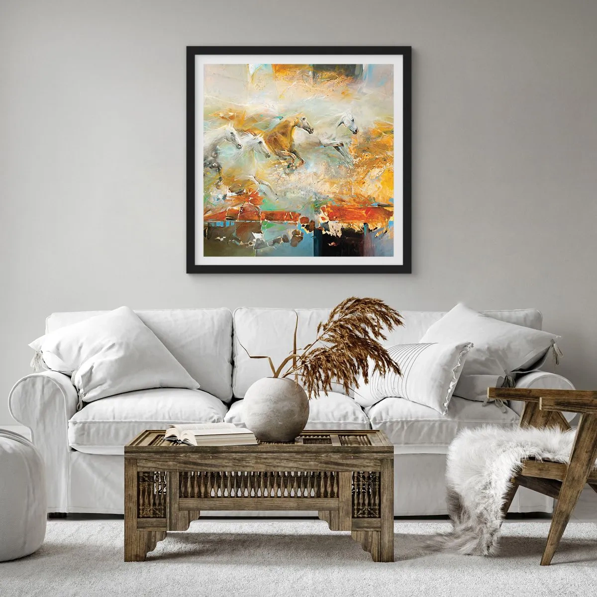 Affiche dans un cadre noir - Poster - Au galop vers la lumière - 60x60 cm